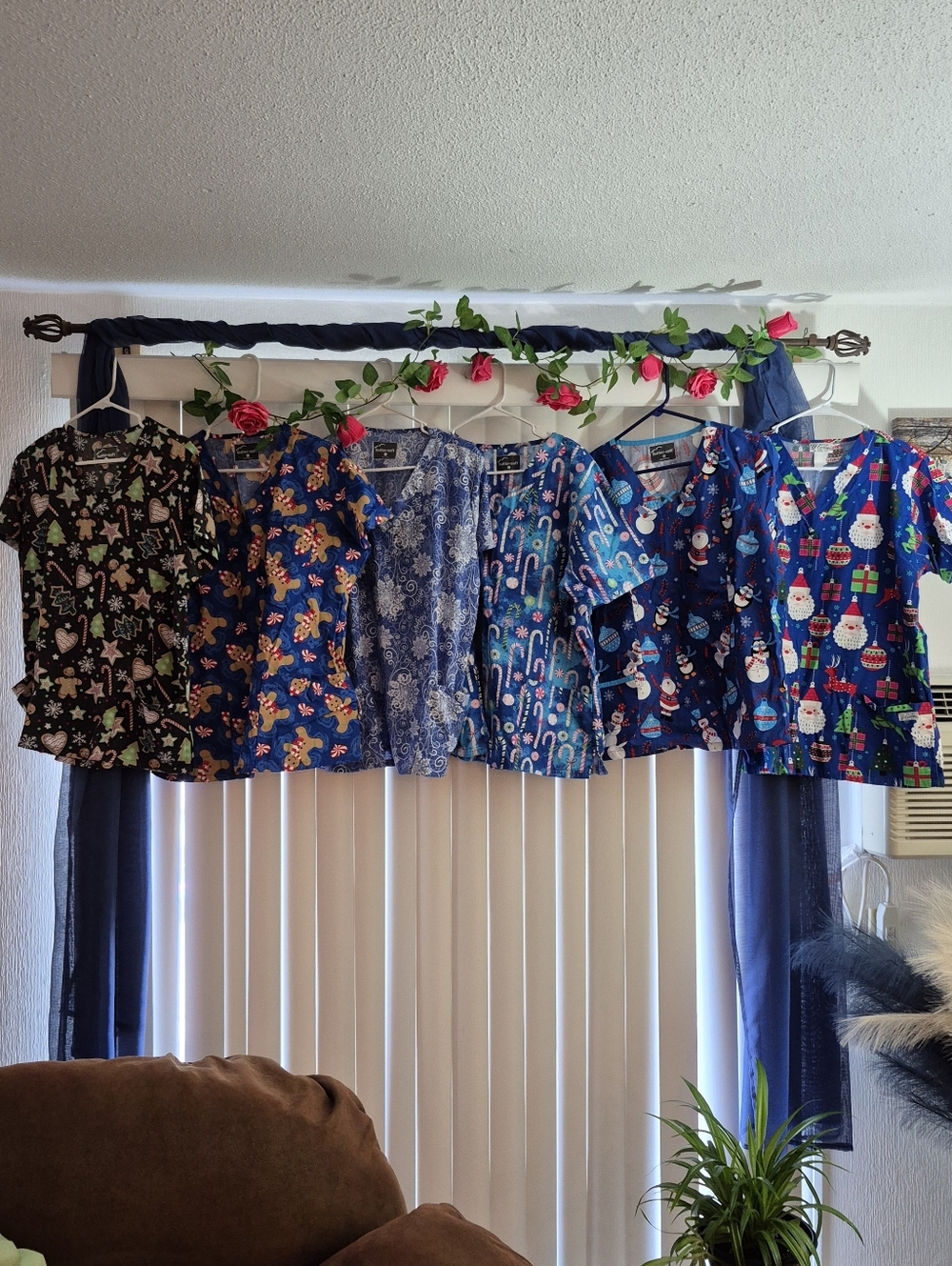 LARGE 6 Piece  Holiday and Winter Print Medical Scrub Tops - Assorted Prints.